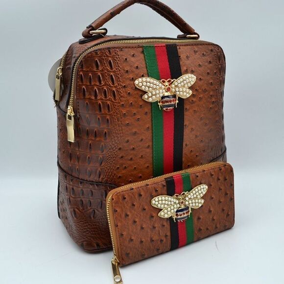2N1 Queen Bee Stripe Ostrich Croc Backpack - Brown main image 4